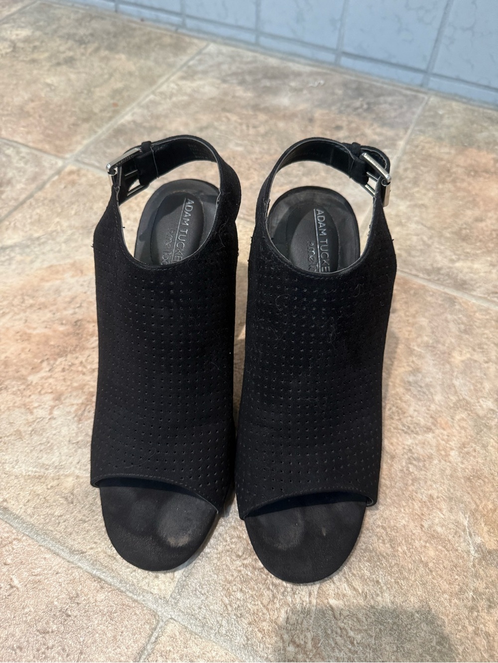 Adam Tucker Black Perforated Peep-Toe Slingback Heels